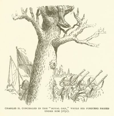Charles II caché dans le chêne royal, tandis que ses poursuivants passaient sous lui (1651) - American School